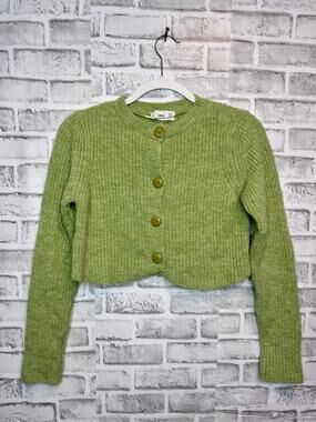 MNG Mango Green Rib Knit Cropped Cardigan Sweater Women's S Y2K Button Front